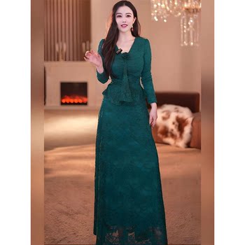Elegant and Luxurious Dark Blue Lace Dress for Women, Long-Sleeved, Waist-Cinching, Slit Long Dress, High-End, Slim-Fit, Flattering