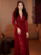 Mijie 2025 Winter Retro Red Lace Dress for Women, V-Neck, Waist-Cinching, Slimming, Mid-Length, High-End Elegant Dress