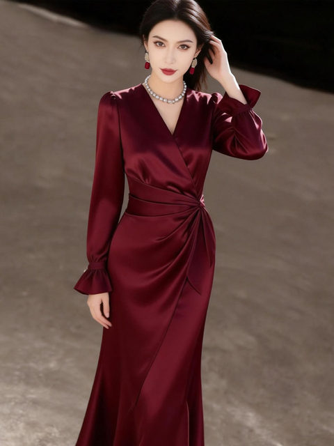 Mijie light luxury and elegant style V-neck long-sleeved dress for women burgundy waist slim-fitting slit fishtail skirt temperament