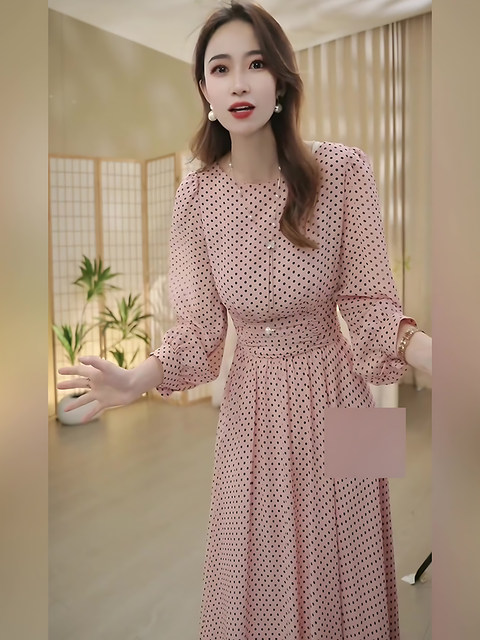 Mijie 2026 Spring Ladylike Style Pink Polka Dot Dress Women's Long Sleeve Waist-Cinching Slimming Elegant Mid-Length Dress