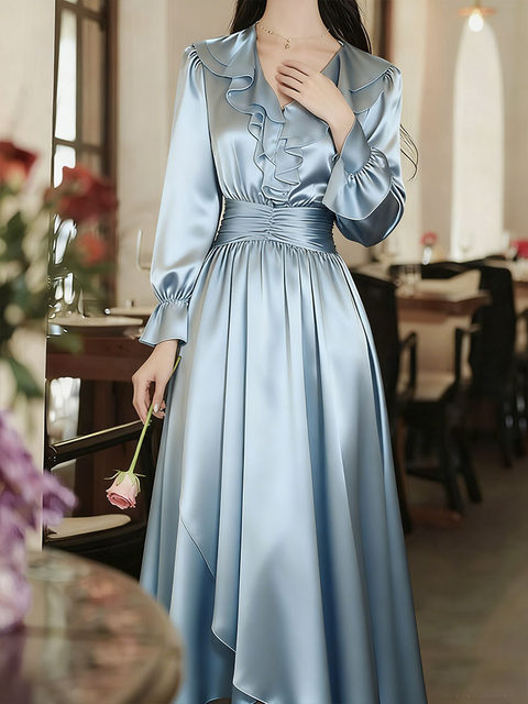 Mijie French Design Style V-Neck Ruffled Long-Sleeve Dress for Women, Waist-Cinching Long Dress, Gentle Fairy-Style Dress with an Elegant Vibe