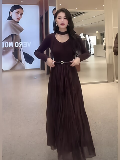 Mijie 2025 new winter style light luxury style long-sleeved dress women's waist slimming elegant high-end long dress for ladies