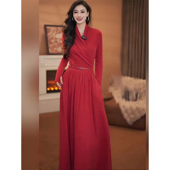 Mijie Ladylike Style V-Neck Red Dress for Women, Long-Sleeved, Waist-Cinching, Slimming, High-End New Long Dress with an Atmospheric Feel
