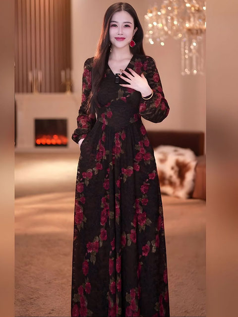 Yijie Retro Black Velvet Rose Print Dress for Women, Mid-Length High-End Lace Waist-Cinching Slimming Little Black Dress