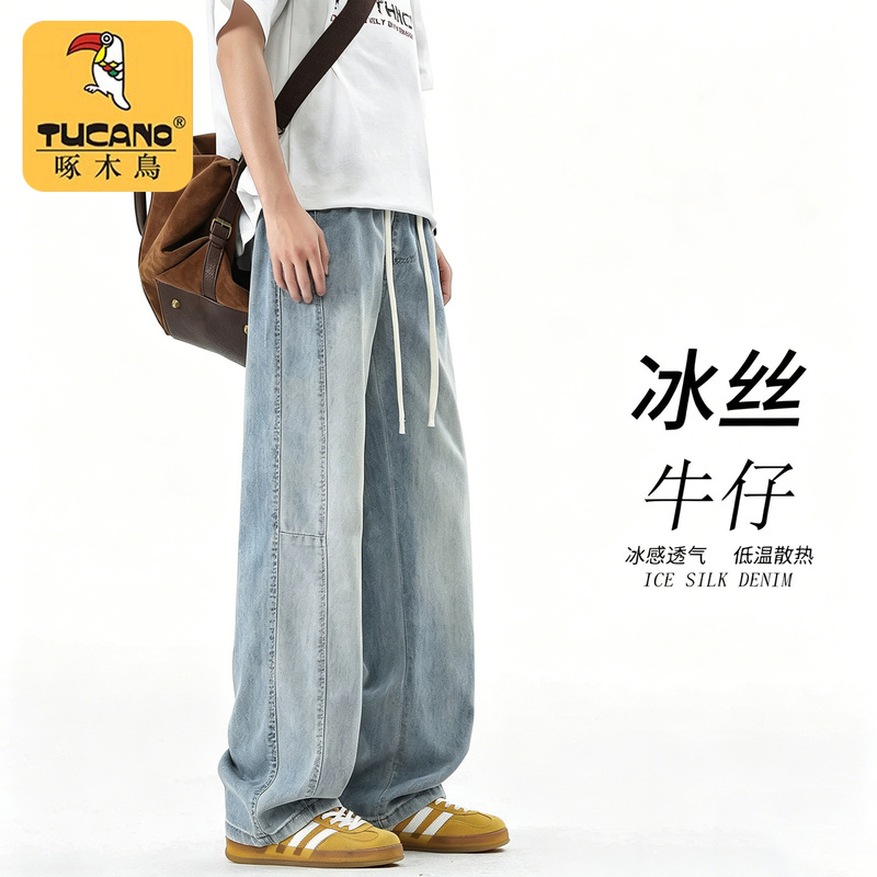 Woodpecker Lyocell Tencel Straight-Leg Jeans for Men 2026 Summer Thin American-Style Loose Spliced Long Pants