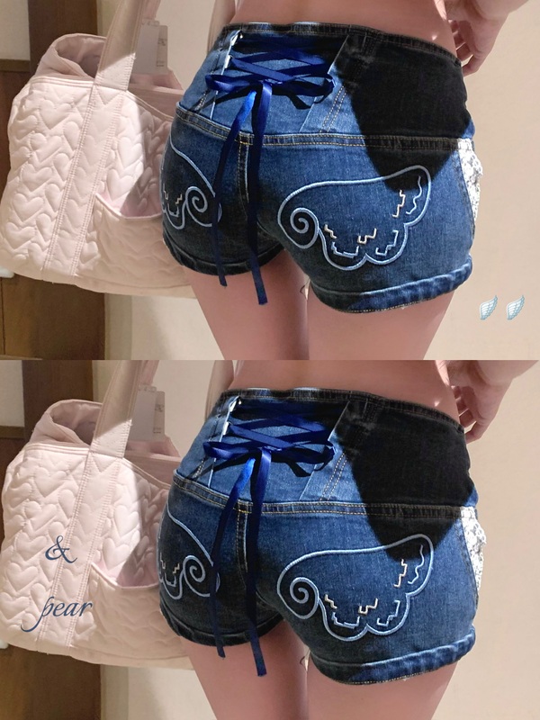 Pear Juice Sauce--Rock Angel--Designed Embroidered Low-Rise Denim Shorts Pear Juice Sauce--Rock Angel--Designed Embroidered Low-Rise Denim Shorts