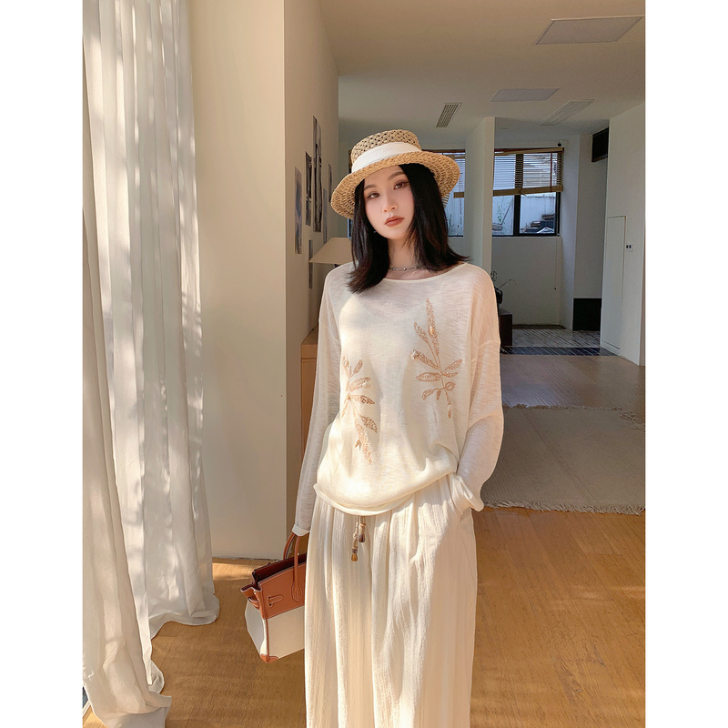 Prase Lu Lulu【Plant Collection】Summer Slimming Bamboo Linen Embroidered Shell Sunscreen Sweater Top for Women