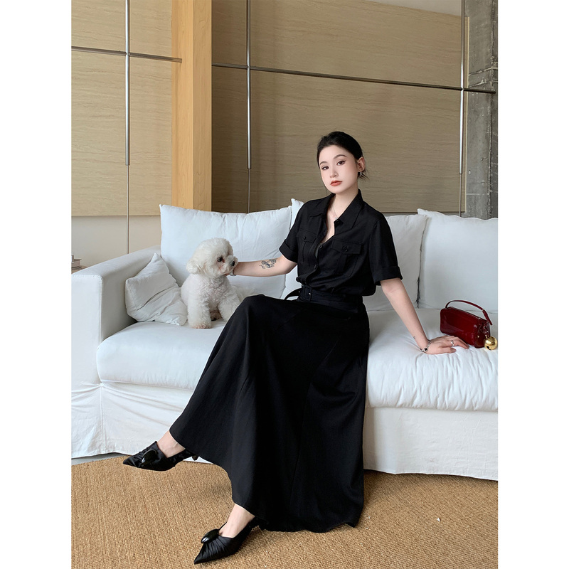 Prase Lu Lulu【Black Dress】Summer Slimming Black Long Shoulder-Length Shirt Dress for Slightly Chubby Figures