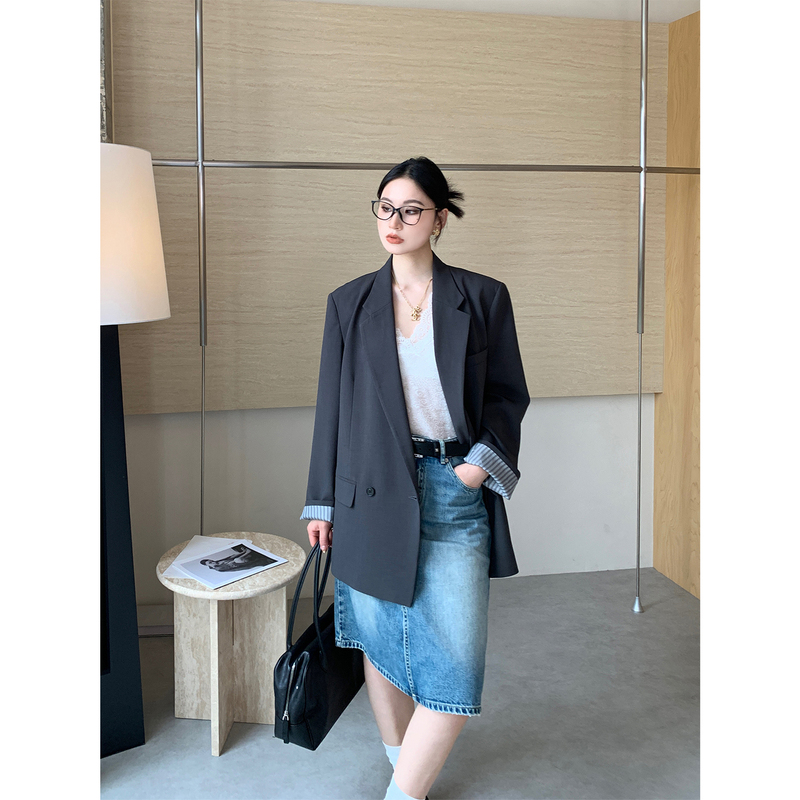Prase Lulu Lu【High-End Back View】Slimming and Elegant Casual Notched Lapel Blazer for Women, Loose Fit Autumn Jacket
