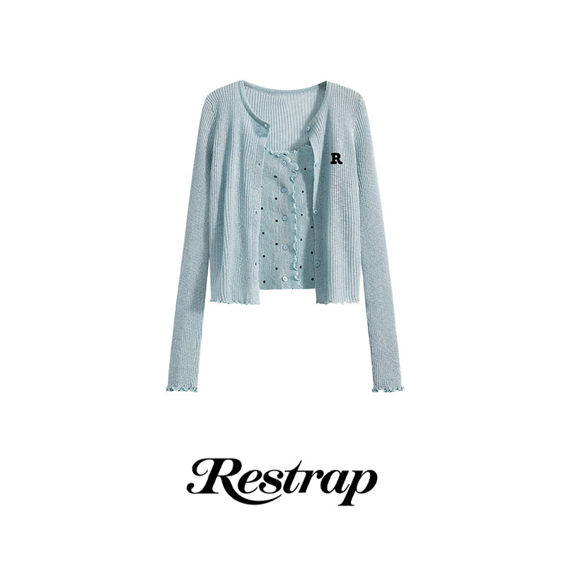 [Official Authentic Product] Korean Restrap Casual Style Spring Camisole Women's Long Sleeve Knitted V-Neck Cardigan Two-Piece Set