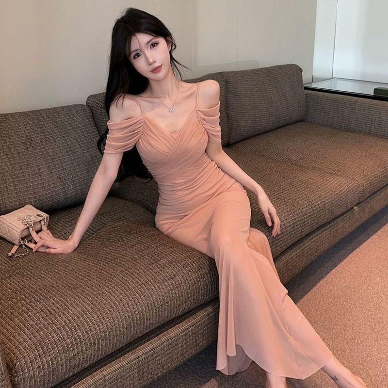 Sexy Low-Cut One-Shoulder Strap Evening Dress, Hot Girl's Waist-Cinching Slimming Mesh Dress, Nightclub Beauties' Workwear