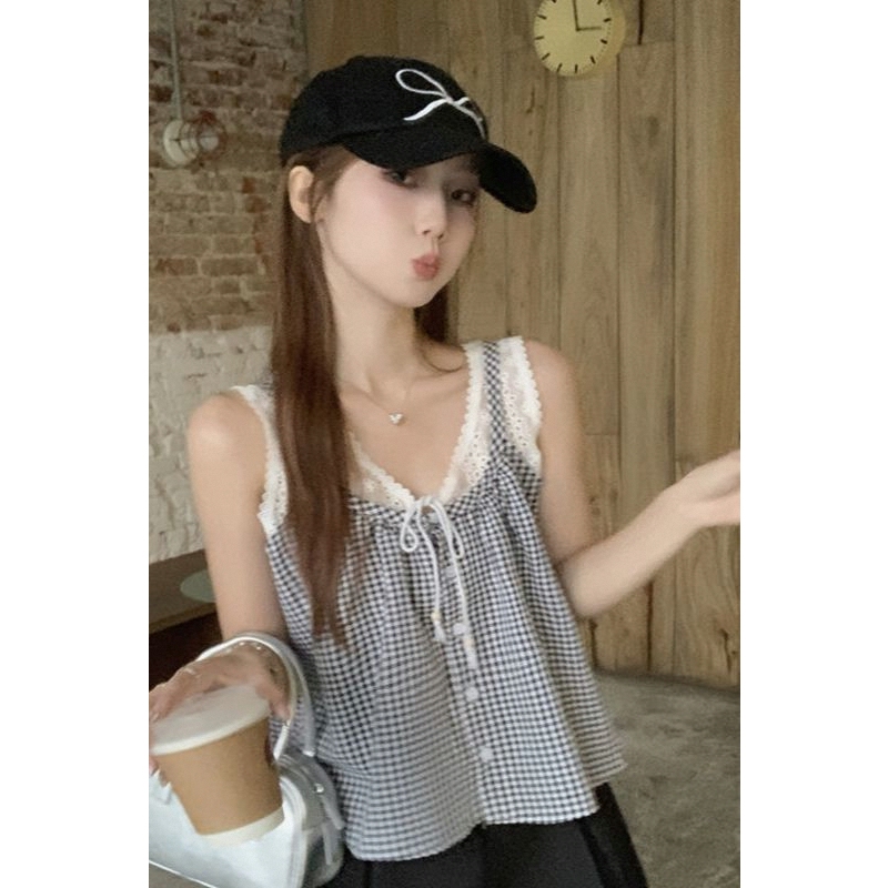 Lace Patchwork Tie-Up Sleeveless Plaid Camisole for Women, New Summer Style, Loose Fit, Petite Size, Versatile and Stylish Top