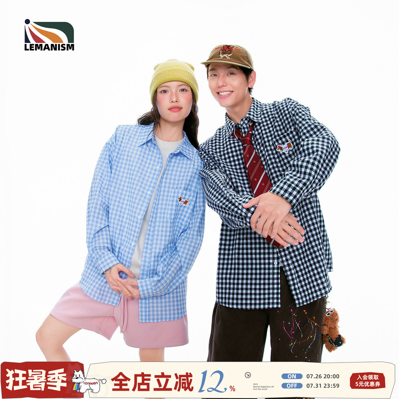 Lemanism Trendy Brand Dachshund Plaid Shirt Men's Long-Sleeved 2026 Spring Couple Style Loose Shirt Women's Lemanism Trendy Brand Dachshund Plaid Shirt Men's Long-Sleeved 2026 Spring Couple Style Loose Shirt Women's