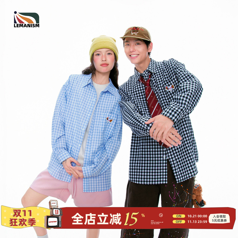 Lemanism Trendy Brand Dachshund Plaid Shirt Men's Long-Sleeved 2026 Spring Couple Style Loose Shirt Women's Lemanism Trendy Brand Dachshund Plaid Shirt Men's Long-Sleeved 2026 Spring Couple Style Loose Shirt Women's