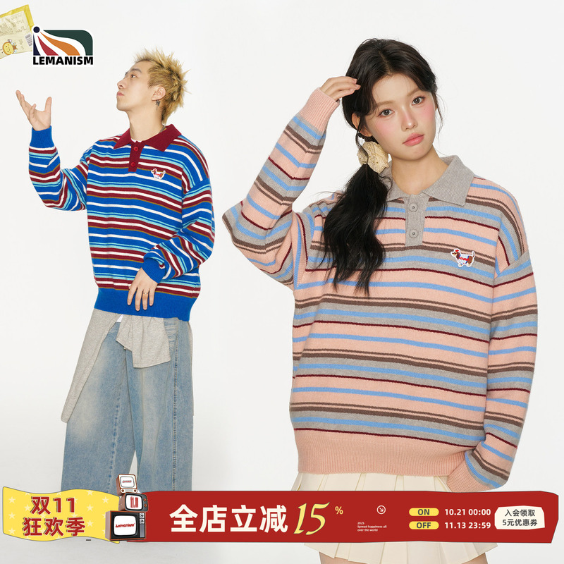 Lemanism American Dachshund Puppy Striped Color-Blocked Lapel Sweatshirt Men's Polo Shirt Trendy Brand Autumn Top Women's