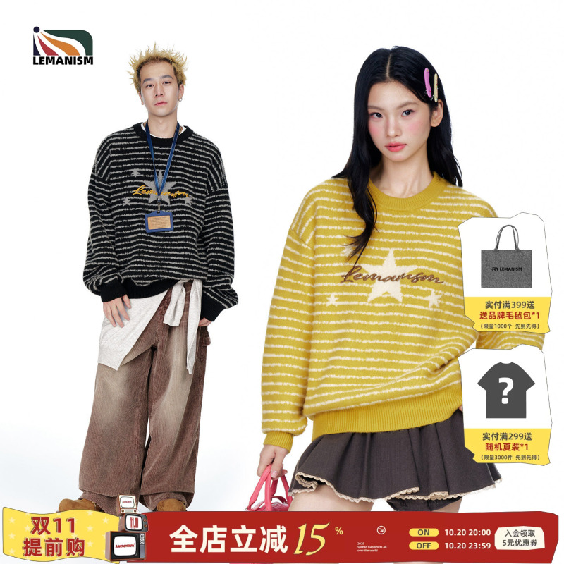 Lemanism American Style Trendy Star Stripe Sweater Men's 2026 Autumn New Couple Style Knitwear Women's Top