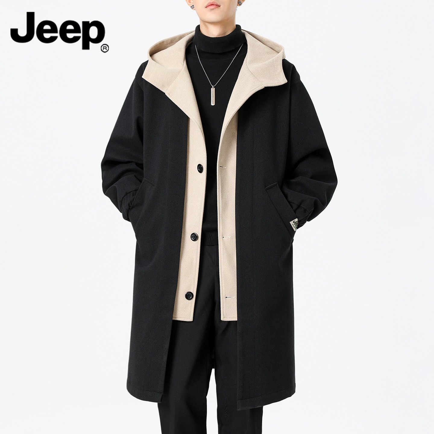 Ветровка Jeep Jeep с капюшоном, мужская поддельная двухкомпонентная осенне-зимняя трендовая куртка средней длины в британском стиле, мужская одежда