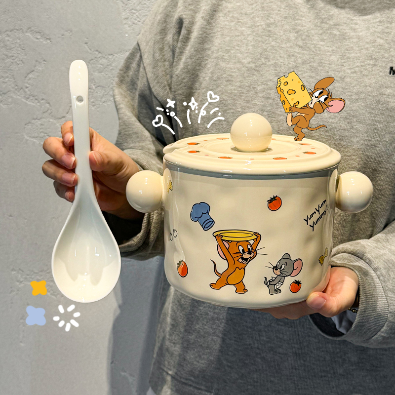 猫和老鼠猪油罐耐高温带盖勺陶瓷调味罐：厨房里的萌宠小帮手✨