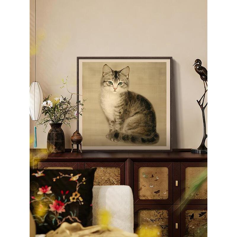 Song Dynasty Aesthetic Living Room Sofa Background Wall Decoration Painting, New Chinese Style Vintage Style Chest of Drawers, Square Cat Hanging Painting