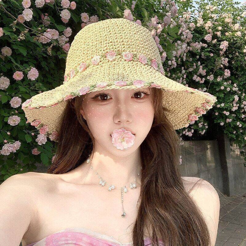 甜美风花朵编织草帽女夏季沙滩海边度假渔夫防晒帽大檐遮太阳帽子