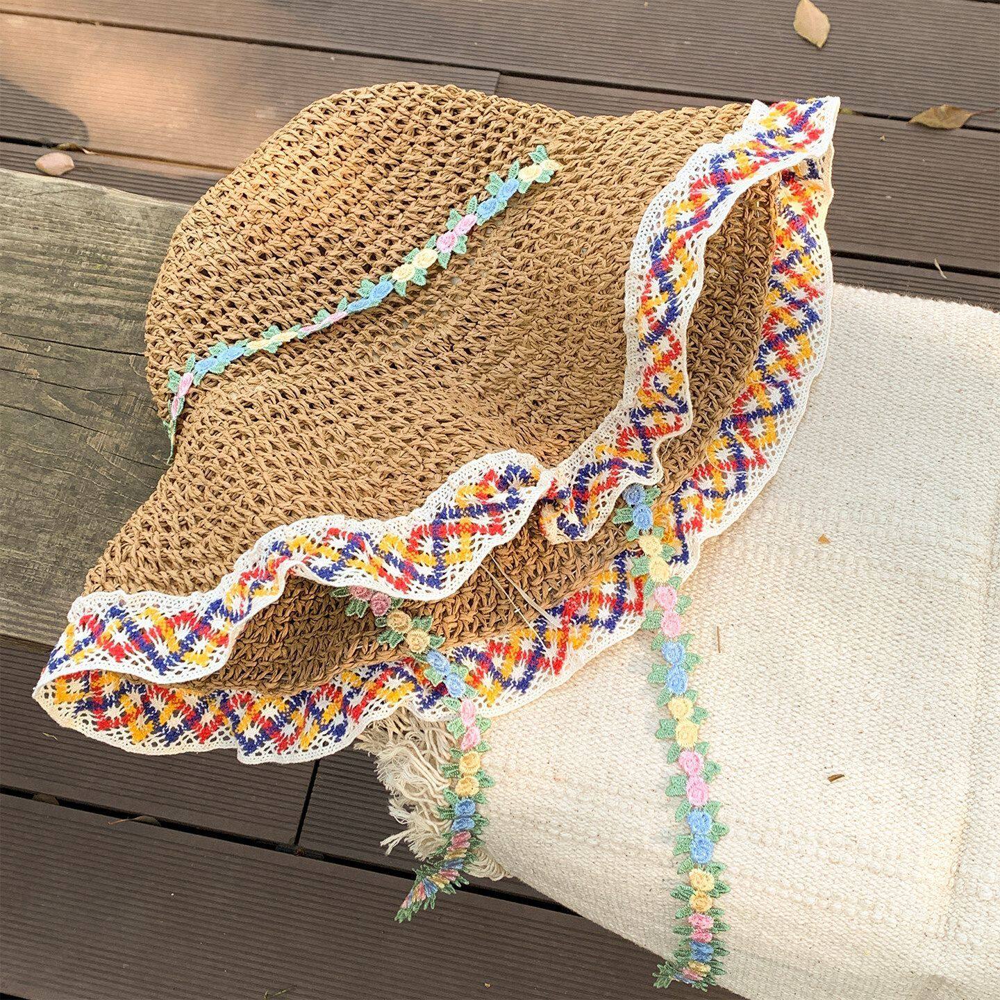度假风超仙花边编织草帽女夏季大帽檐海边沙滩遮阳防晒帽太阳帽子