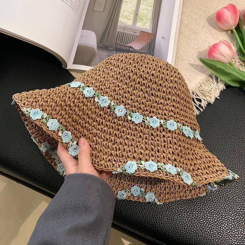 甜美风花朵编织草帽女夏季沙滩海边度假渔夫防晒帽大檐遮太阳帽子