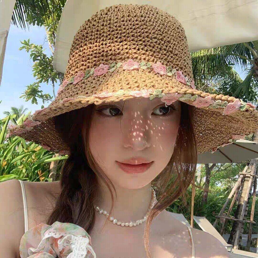 甜美风花朵编织草帽女夏季沙滩海边度假渔夫防晒帽大檐遮太阳帽子