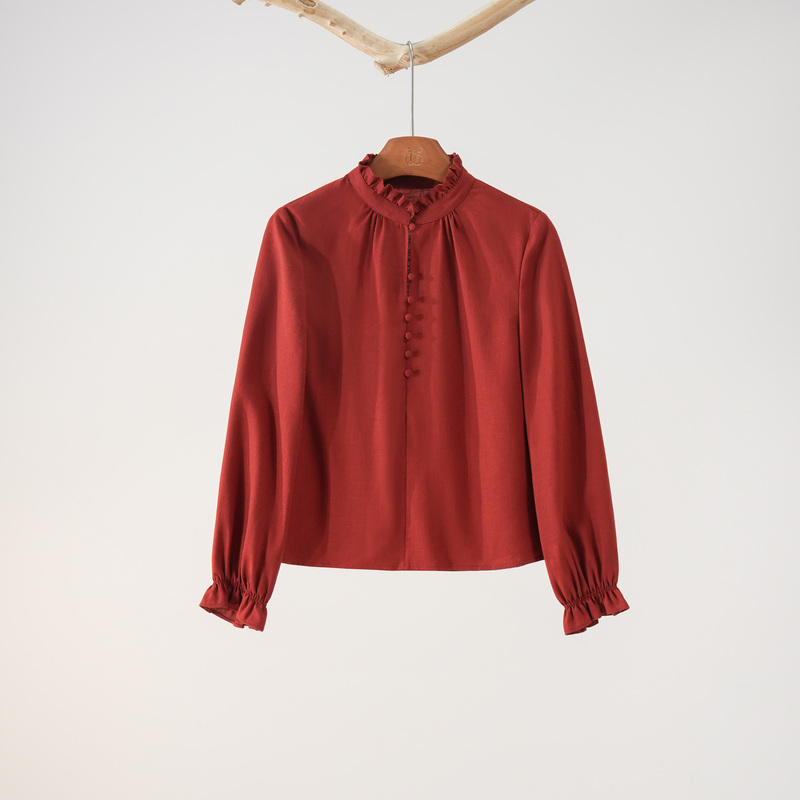 Xizi/[Maple Sugar Shirt] Lyocell Classic Style Ruffle Collar Red Elegant Shirt for Women/Cstj0741