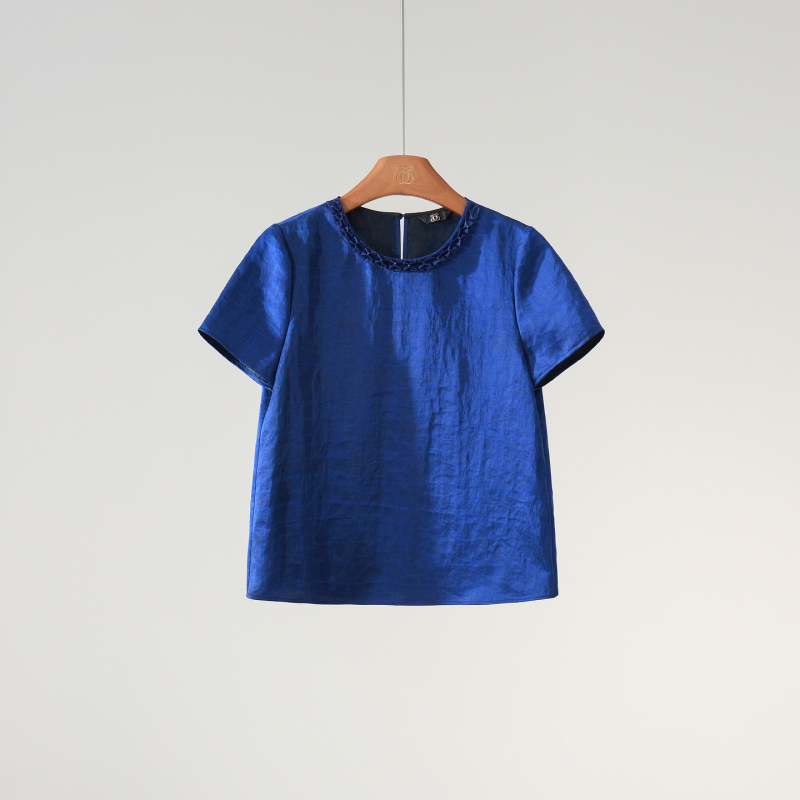 Xizi/[Tianmu] 33mm Mulberry Silk Intangible Cultural Heritage Satin Turtle Fragrant Cloud Yarn Short-Sleeve T-Shirt Top/Syyf0832