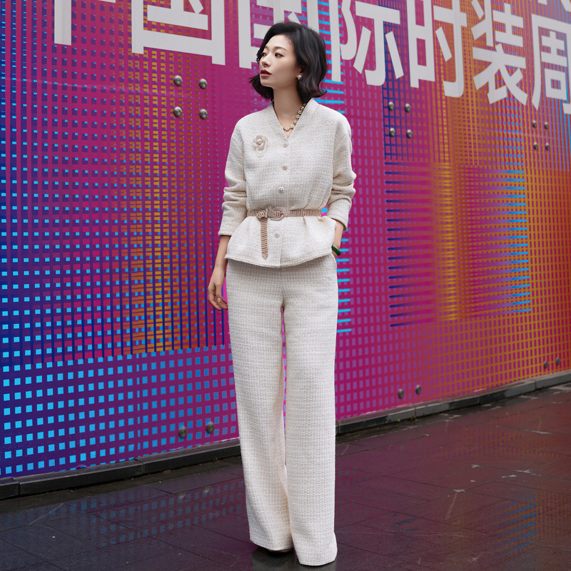 Yu Xizi/[Fashion Week Outfit] Long-Staple Cotton Tweed Chanel-Style Jacket and Wide-Leg Pants Set/Tj1641