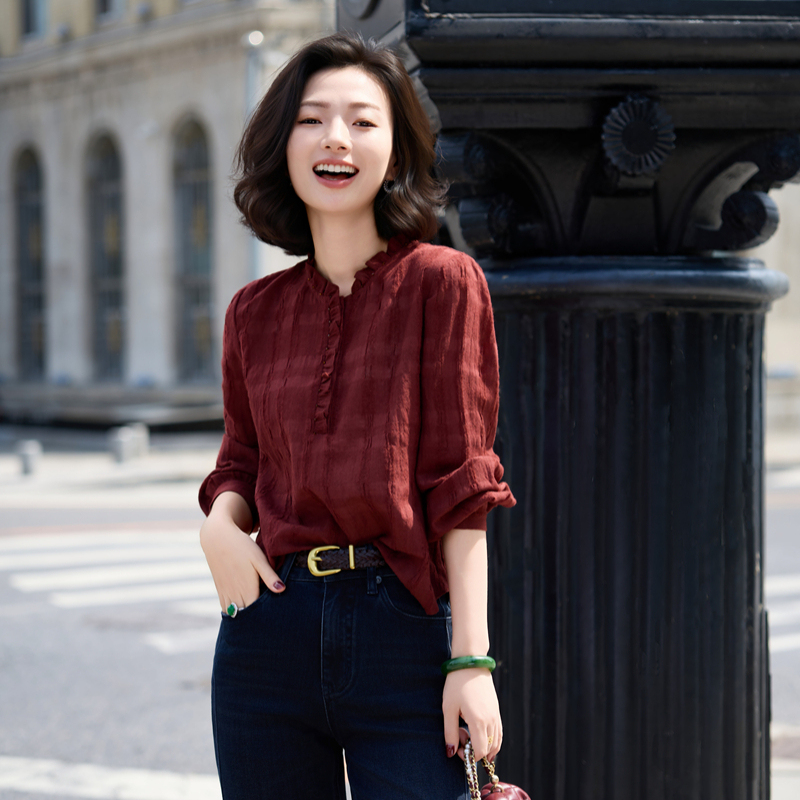 Xizi/[Berry Diary] Merino Wool Long-Staple Cotton Collared Beaded Top Shirt/Syyh0144