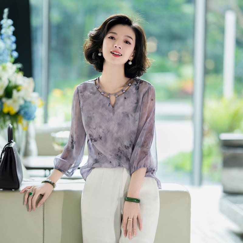 Xizi/[Mobei] Heavyweight Mulberry Silk Hollow Beaded Fashion Collar Three-Quarter Sleeve Top for Women/Sybh1534
