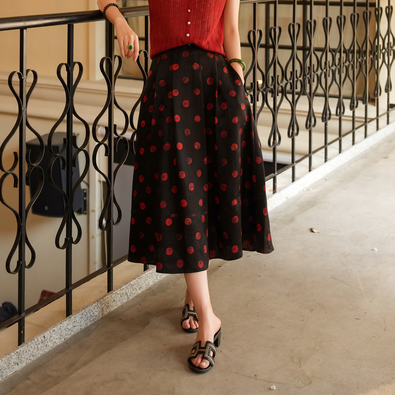 Xizi/[Princess Annie] 23mm Mulberry Silk Satin High Waist Polka Dot Skirt for Women/Bqtj1386