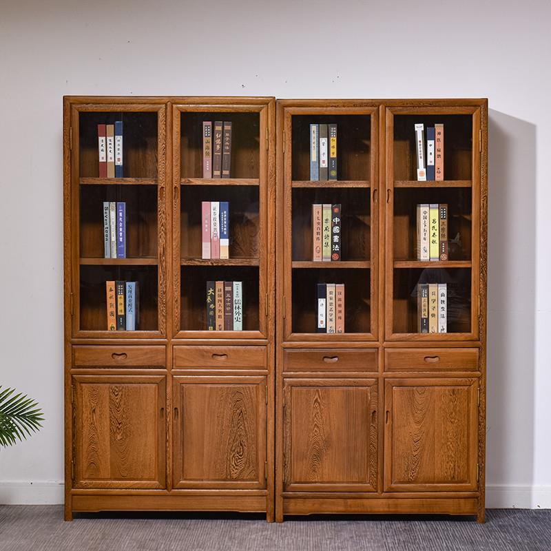 Redwood Furniture, Chicken Wing Wood Bookcase with Glass Doors, Antique-Style Chinese Double-Door All-Solid Wood Bookcase, Floor-Standing Storage Cabinet Combination