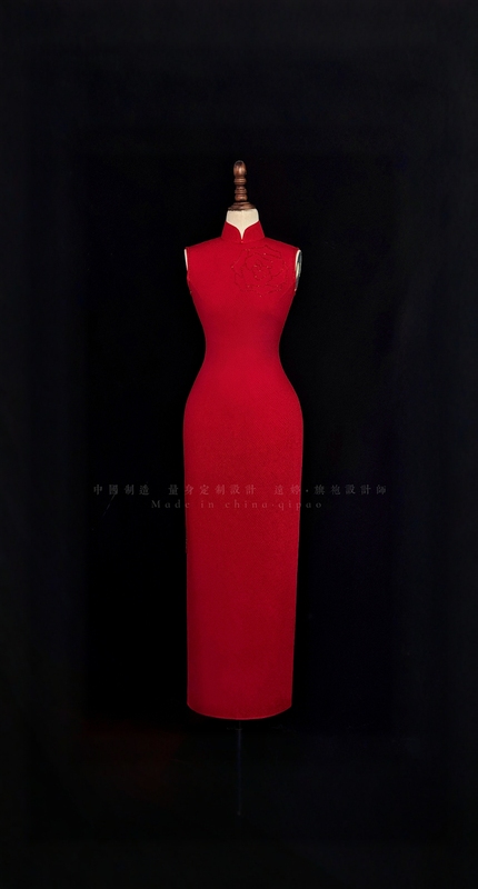 【Red·Makeup】Shijian Yuanting Original Design High-Elasticity Knitted True Red Rose Sleeveless Long Cheongsam