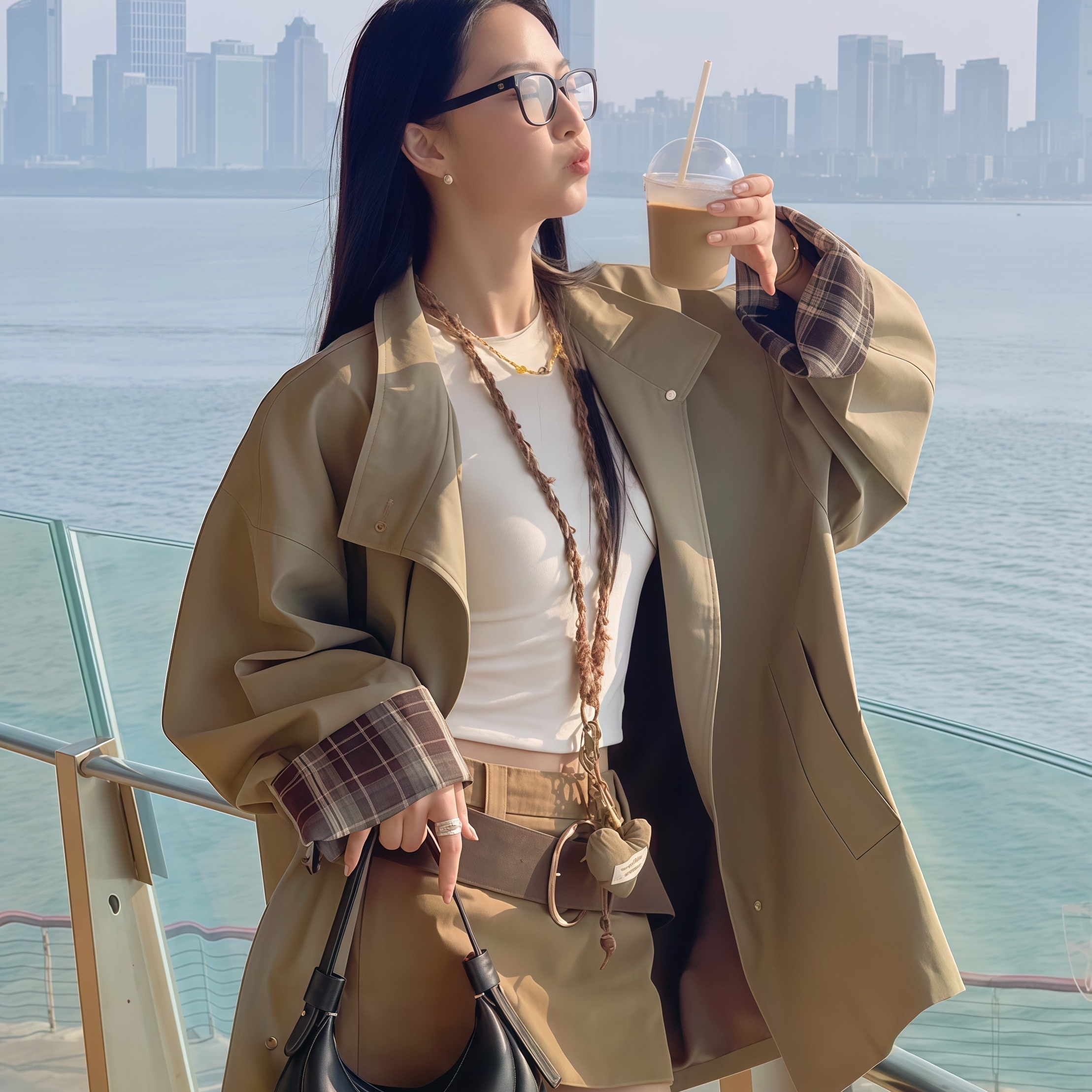 FF格纹拼接工装风衣外套2025新款女春秋撞色高级感英伦风大衣