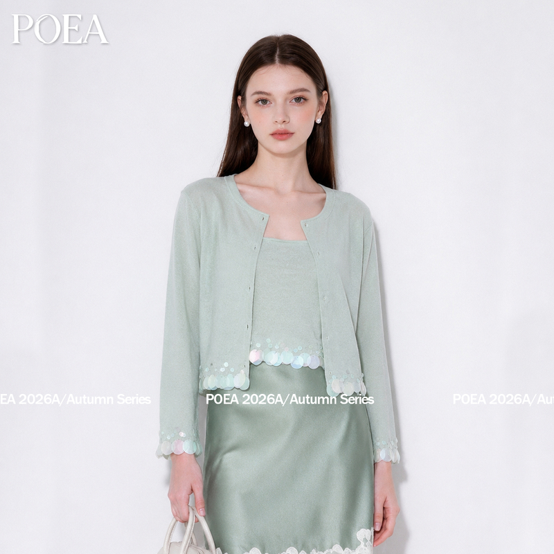 Poea Gentle and Versatile Light Bean Green Round Neck Sequin-Decorated Knitted Cardigan Camisole 2026 Autumn New Style Poea Gentle and Versatile Light Bean Green Round Neck Sequin-Decorated Knitted Cardigan Camisole 2026 Autumn New Style