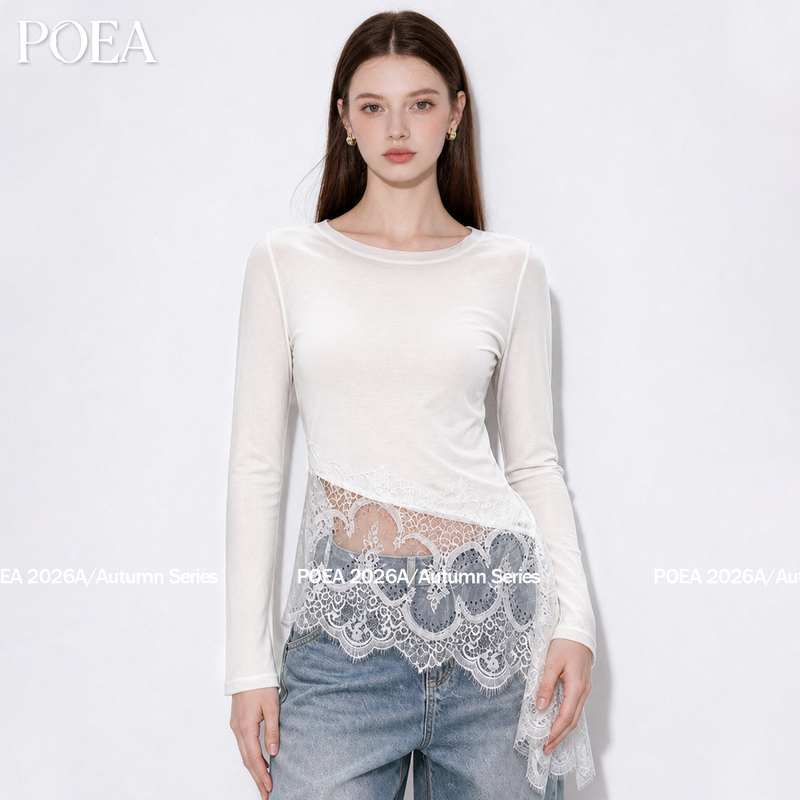 Poea French-Style Asymmetrical Lace Patchwork Long-Sleeve Base Shirt for Women, Autumn 2026, Very Beautiful and Slimming Top Poea French-Style Asymmetrical Lace Patchwork Long-Sleeve Base Shirt for Women, Autumn 2026, Very Beautiful and Slimming Top
