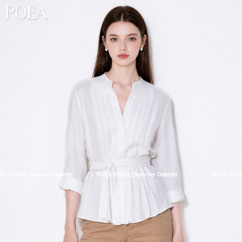 Poea French-Style Simple White Accordion Pleated Round Neck Shirt 2026 Autumn New Waist-Cinching Tie Pleated Top Poea French-Style Simple White Accordion Pleated Round Neck Shirt 2026 Autumn New Waist-Cinching Tie Pleated Top