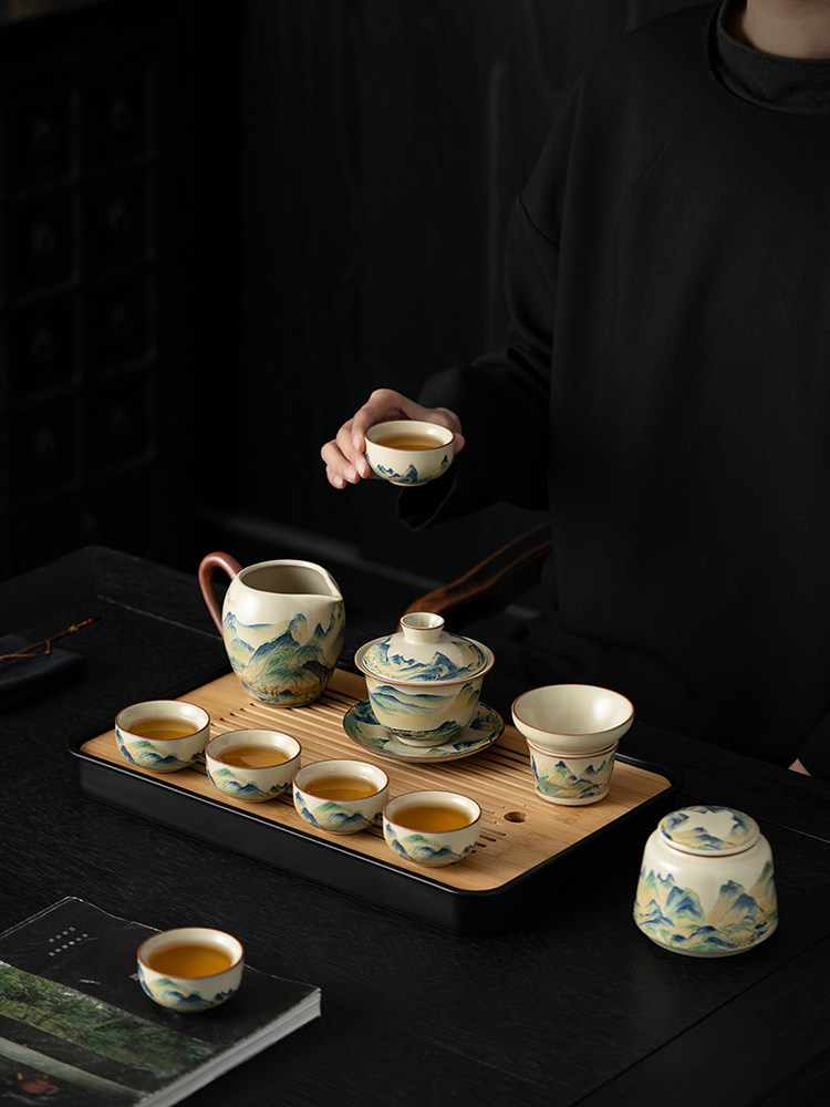 Wanli Shanhe Ru Kiln Xishi Teapot Kung Fu Tea Set High-End Tea Brewing Pot and Cup Complete Set Gift Box for Elders