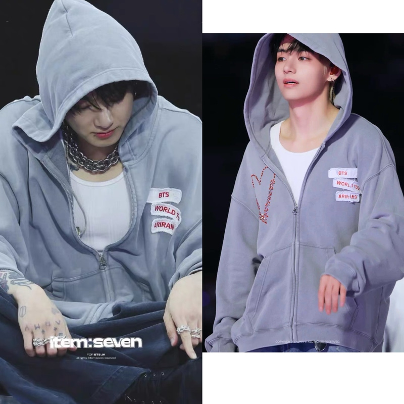 Bts (Bts) Member Jeon Jungkook's Same Style Gray Hooded Sweatshirt Jacket, Unisex, Loose, Casual, Versatile Top