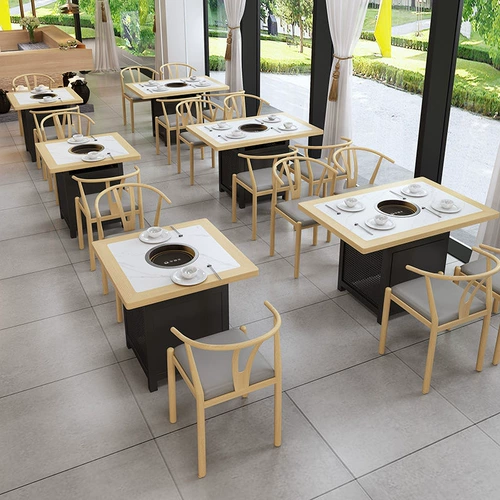 Твердое деревянная пластина Hot Pot Stable Индукционная плитка интегрированная коммерческая мраморная горячая горшка ресторан Стол Стул Сиденья комбинация дивана сиденья