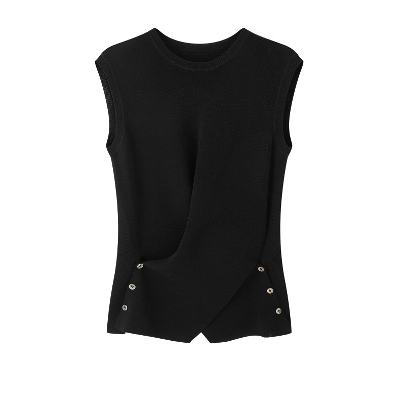 Ainuosi 2026 New Summer Style Black Round Neck Sleeveless Asymmetrical Knit Sweater Br802246