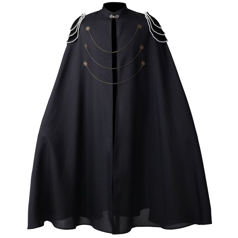 Medieval European Royal Cape with Padded Shoulders for Men and Women, Retro Beaded Curtain Gear Chain Hooded Cloak Performance Costume