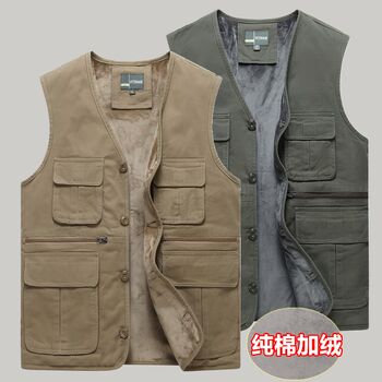 Autumn and winter middle-aged and elderly men's large size pure cotton multi-pocket warm waistcoat daddy buttoned vest