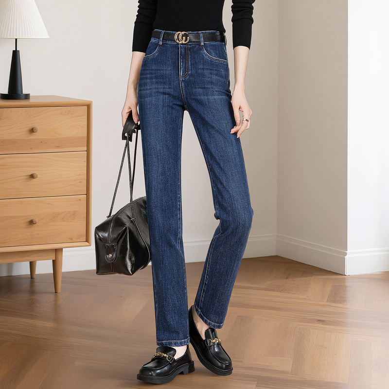 Yasi Cheng Fleece-Lined Straight-Leg Jeans for Women, Spring and Autumn Style, High-Waisted, Slimming, Petite Narrow-Fit Pants, Winter Style Cigarette Pants
