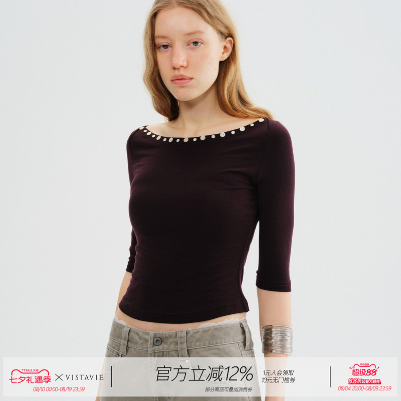 Vistavie Original Tencel Wool Boat Neck Handmade Shell Button Five-Quarter Sleeve Knitted Top Kirakira