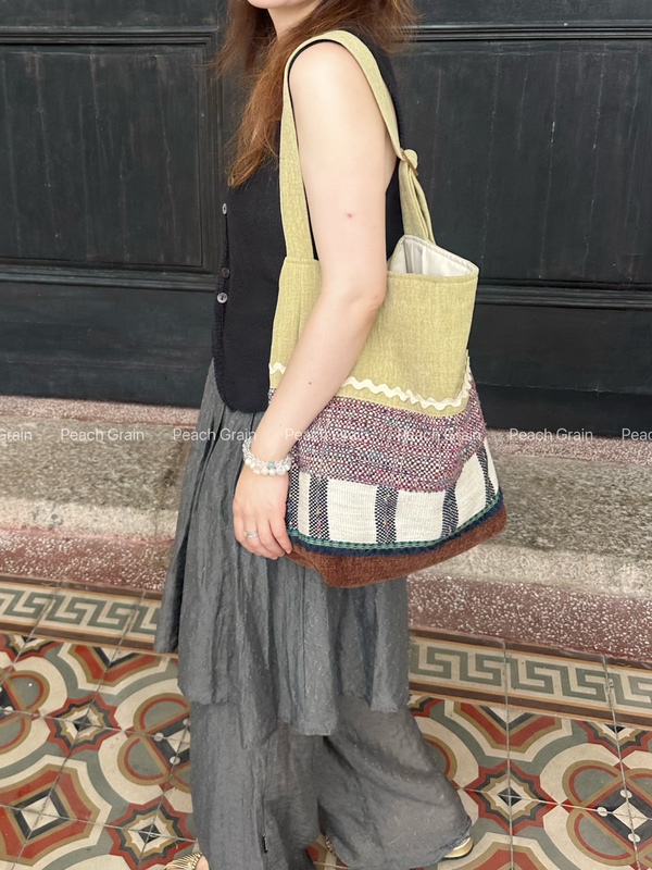 Peach Grain Original New Color-Blocked Adjustable Shoulder Strap Tote Canvas Bag