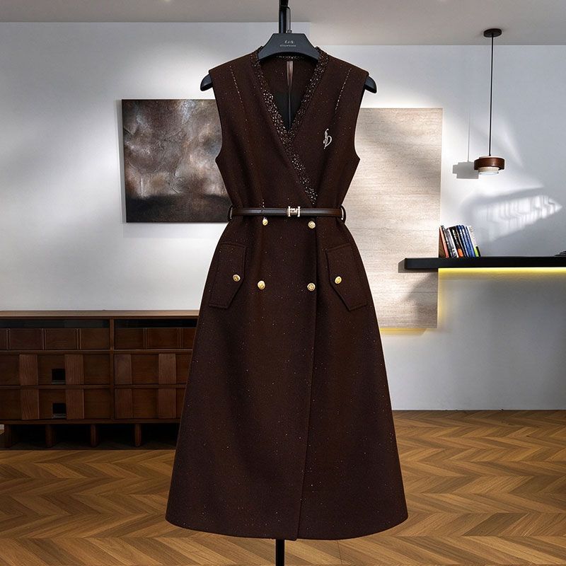 High-End Deep Brown Wool Vest Dress for Women, Autumn and Winter Double-Breasted Pocketed Dress with Belt, Elegant Mid-Length Dress