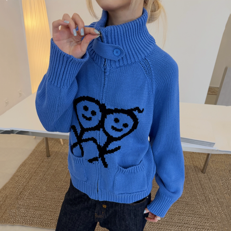 Urban 26 New Stickman Zipper Jacket Cute Cartoon Logo Korean Style Turtleneck Knit Cardigan Sweater